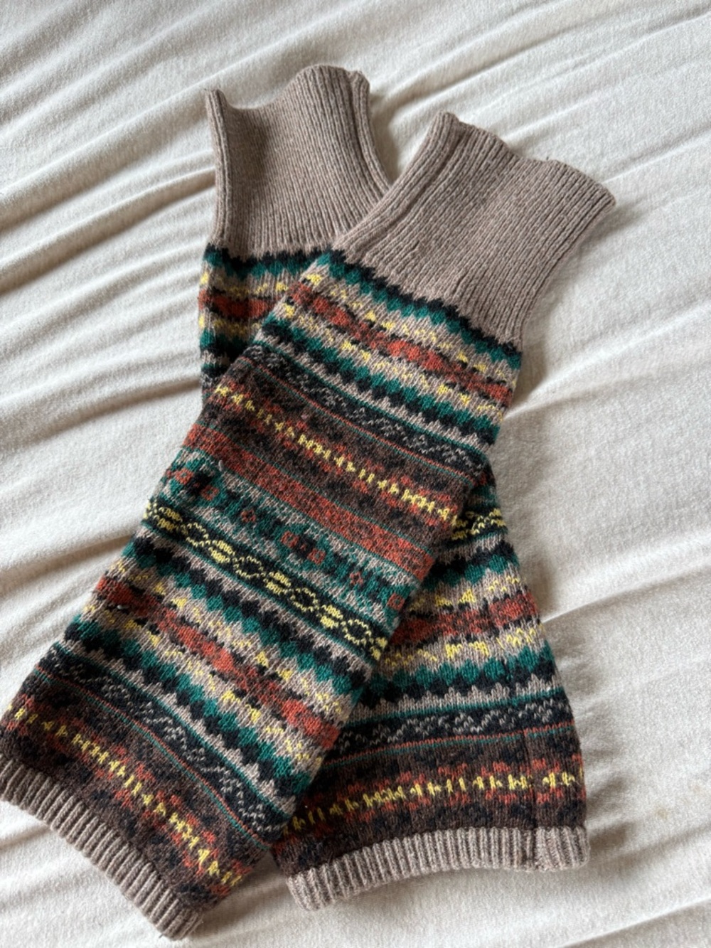 Hand-Knit Fair Isle Arm/leg Warmers in Taupe and Multicolor